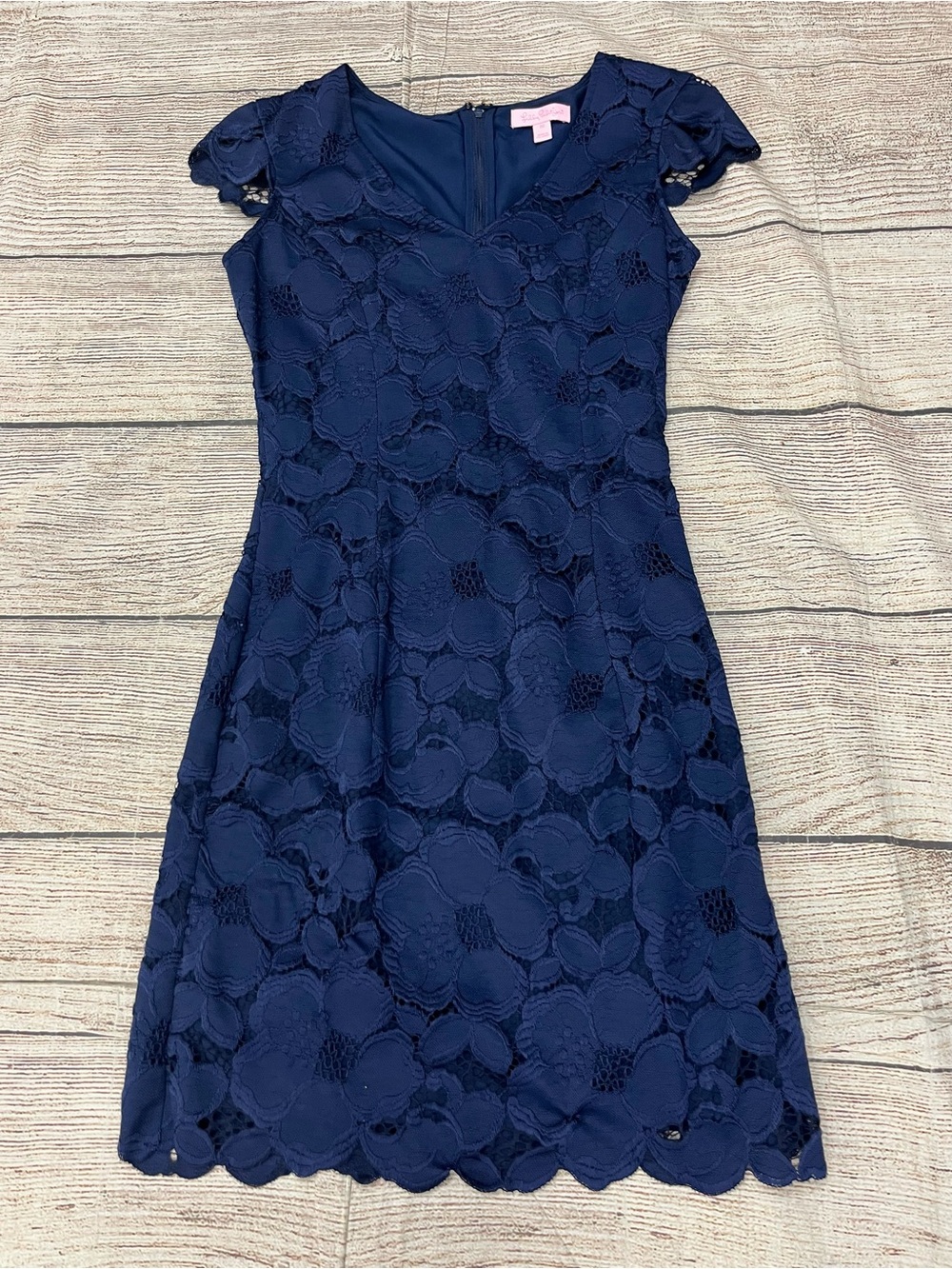 😍 Lilly Pulitzer V-neck Navy Floral Lace Short Sleeve Mini Dress size 00 XS